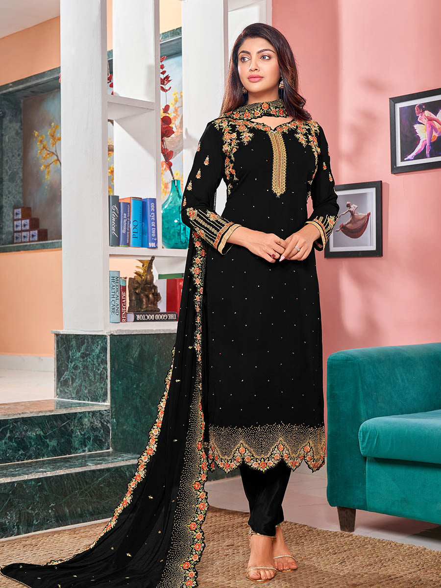 Women's Black Heavy Faux Georgette Embroidered Churidar Suit - Myracouture