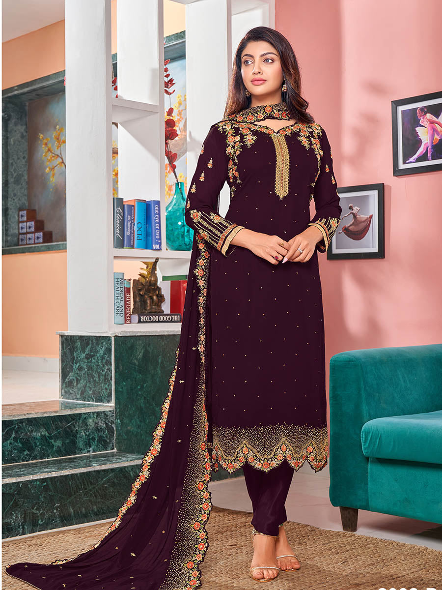 Women's Magenta Heavy Faux Georgette Embroidered Churidar Suit - Myracouture
