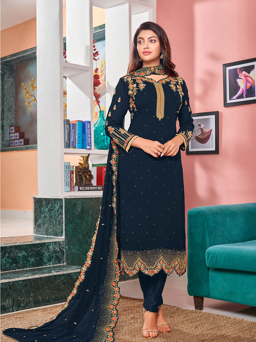 Women's Navy Blue Heavy Faux Georgette Embroidered Churidar Suit - Myracouture