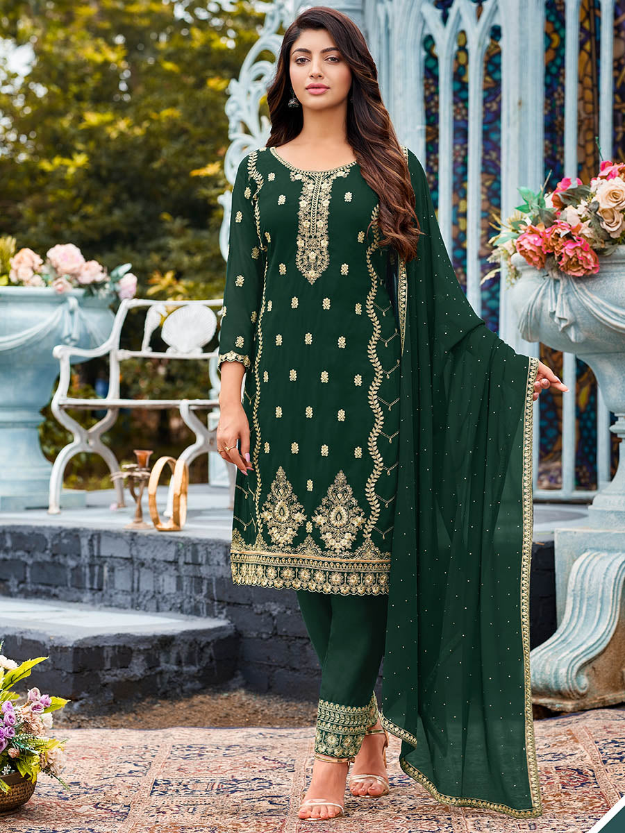 Women's Green Heavy Faux Georgette Embroidered Pant Style Suit - Myracouture