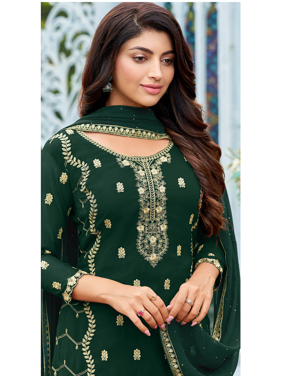 Women's Green Heavy Faux Georgette Embroidered Pant Style Suit - Myracouture