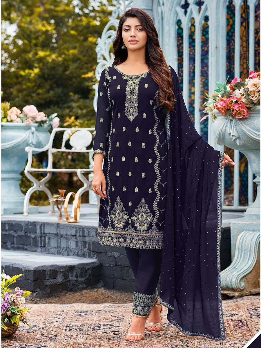 Women's Navy Blue Heavy Faux Georgette Embroidered Pant Style Suit - Myracouture