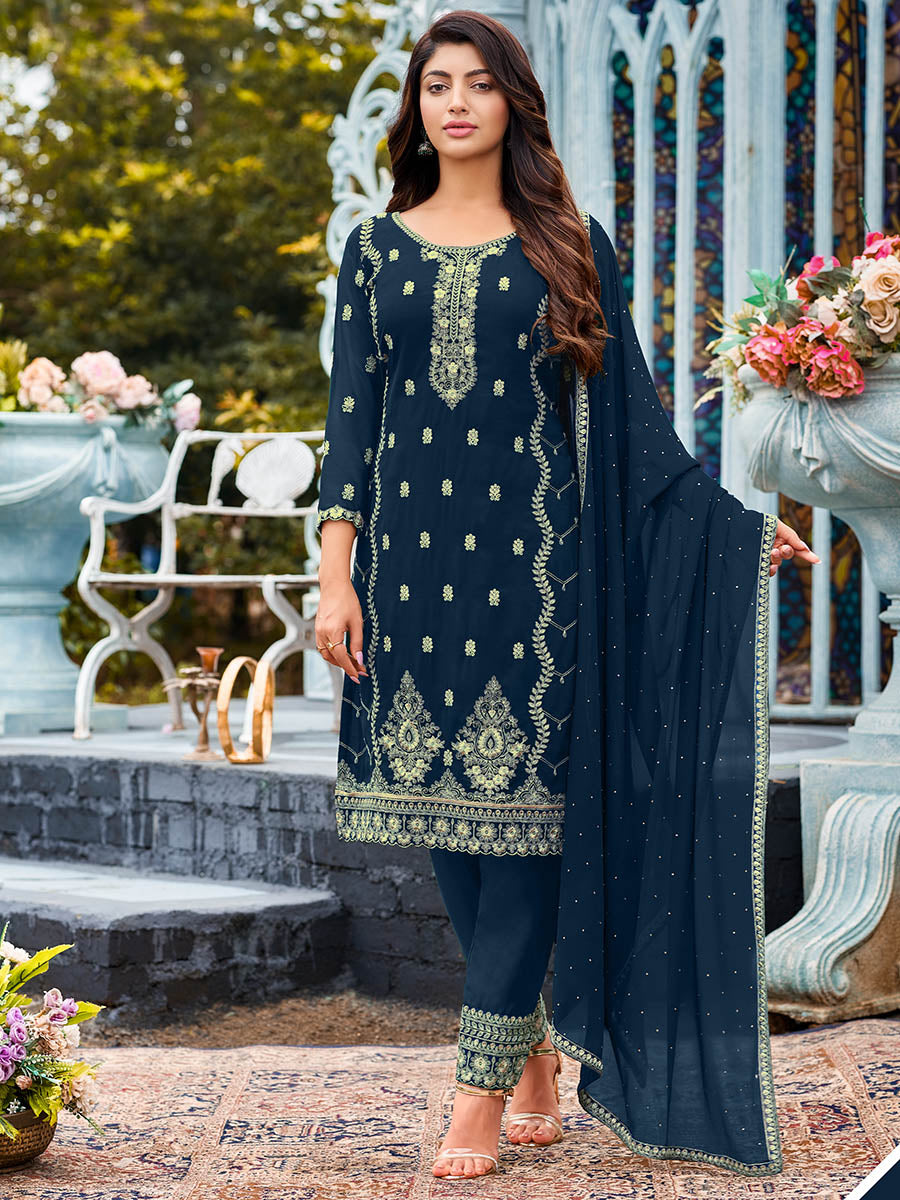 Women's Royal Blue Heavy Faux Georgette Embroidered Pant Style Suit - Myracouture