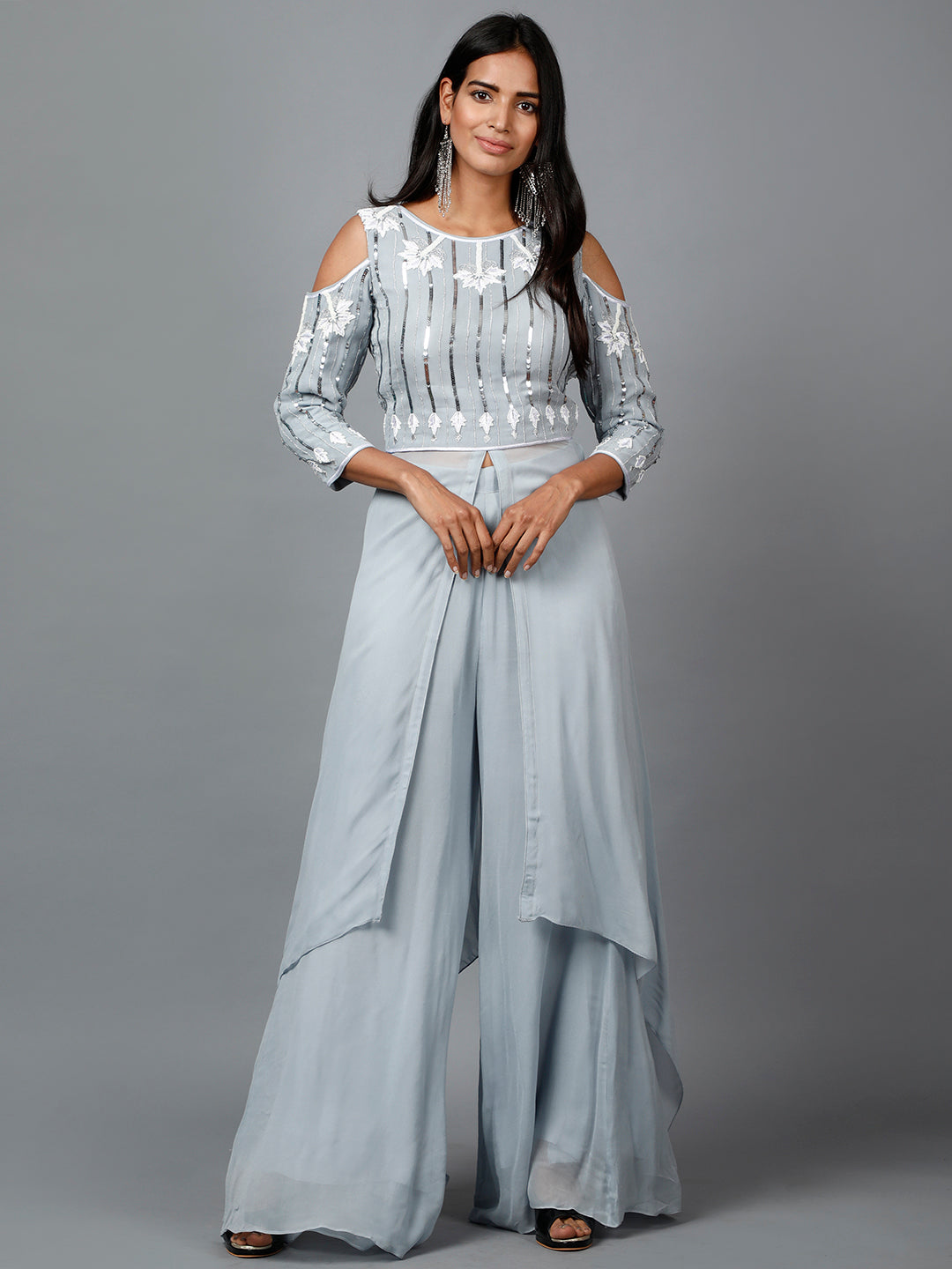 Women's Grey Sequins Work Kurta In Georgette And Pallazo