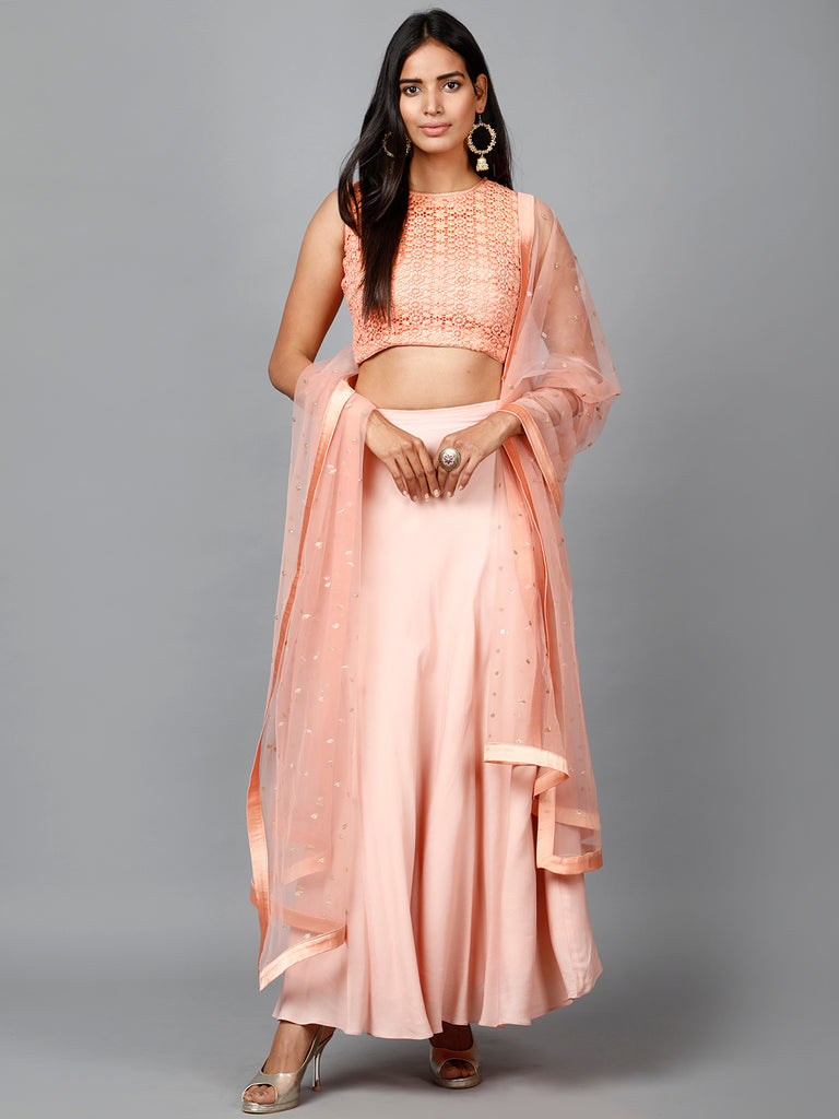Women's Peach Cotton Lace Crop Top, Moss Crepe Flare Skirt And Embroidered Net Dupatta