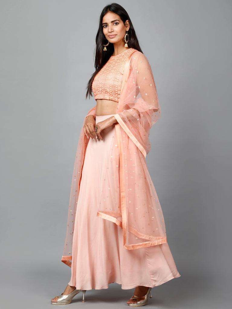 Women's Peach Cotton Lace Crop Top, Moss Crepe Flare Skirt And Embroidered Net Dupatta