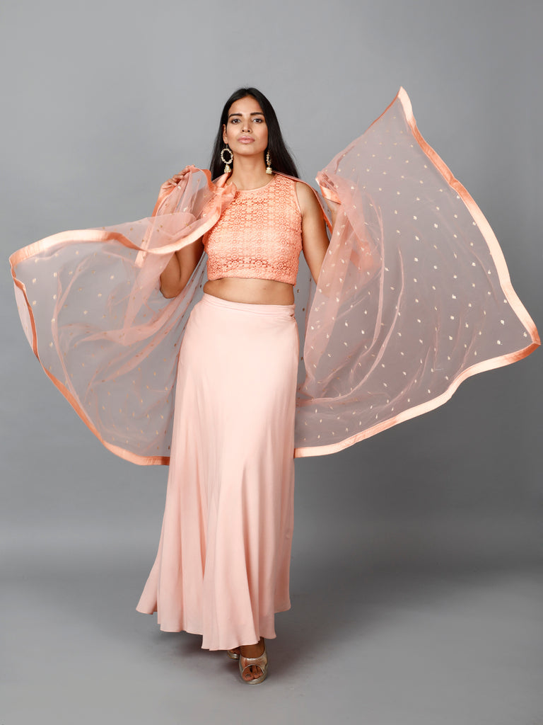 Women's Peach Cotton Lace Crop Top, Moss Crepe Flare Skirt And Embroidered Net Dupatta