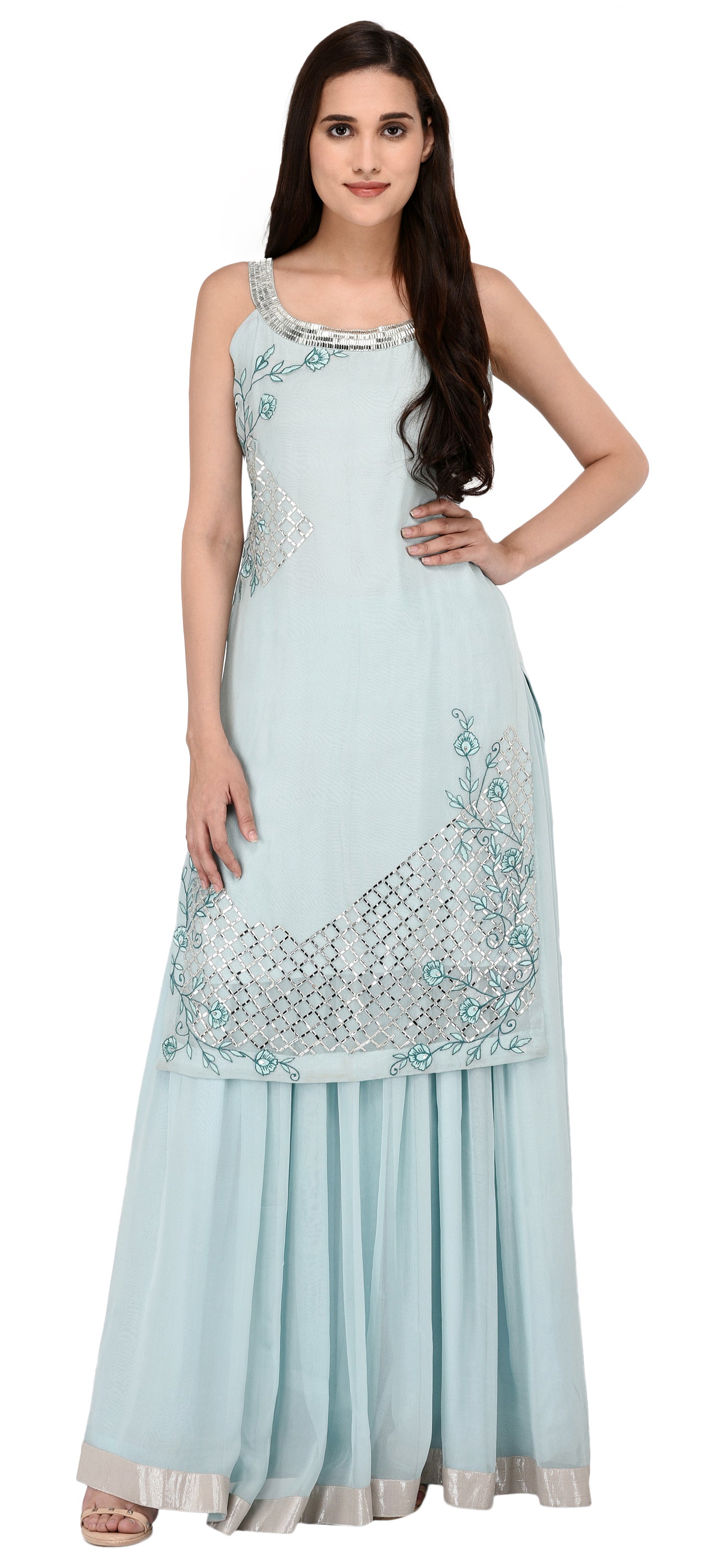 Women's Light Blue Embroidered Halter Neck Kurta With Georgette Lehanga Set - MIRACOLOS by Ruchi