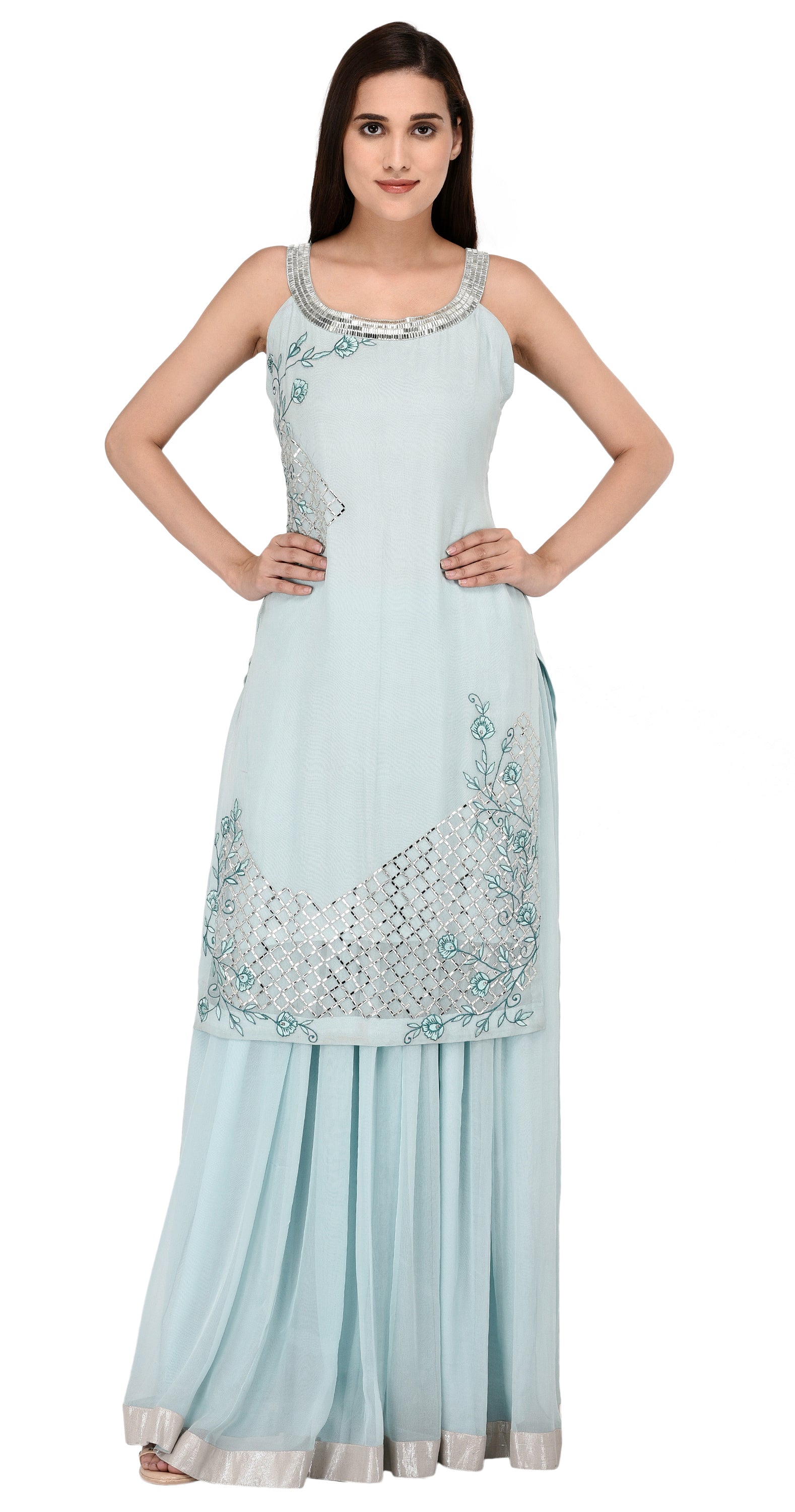 Women's Light Blue Embroidered Halter Neck Kurta With Georgette Lehanga Set