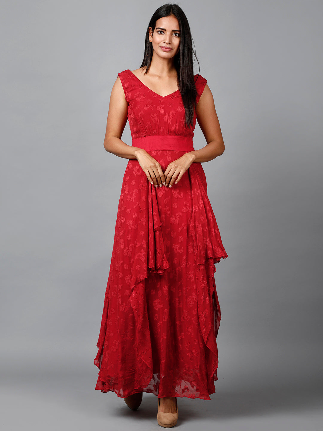 Women's Red Floral Self Design Georgette Dress