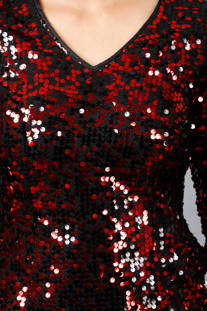 Women's Miracolos Red And Black Sequins Embellished Party V-Neck Short Dress