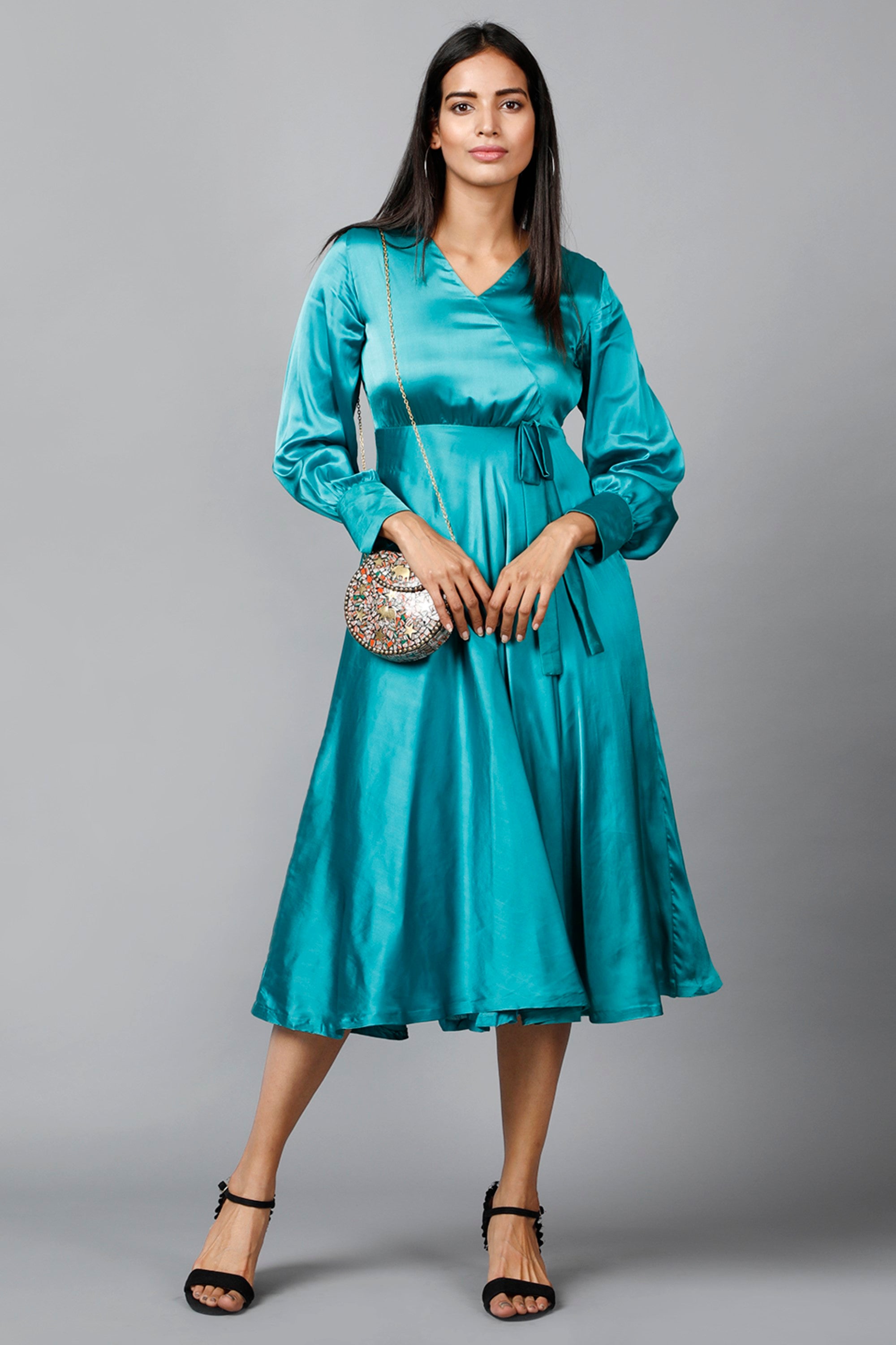 Women's Empire Line with Cuff Satin Wrap Dress Green M | Trendia Global Women's Empire Line with Cuff Satin Wrap Dress Green M | Trendia Global