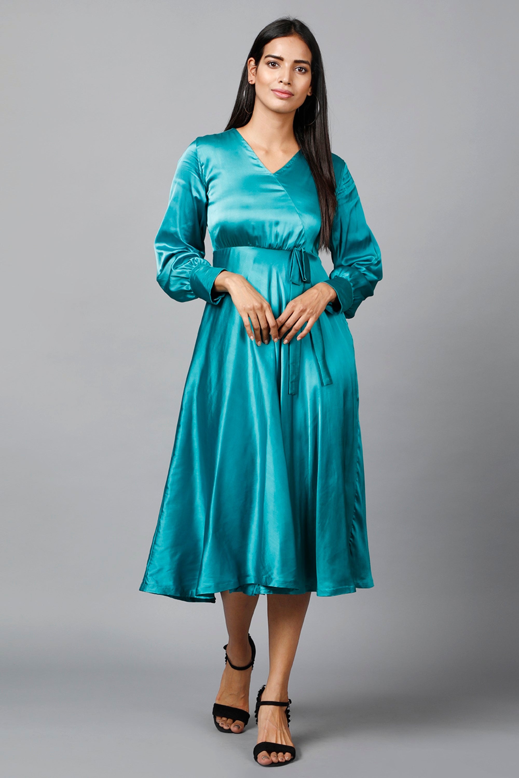 Women's Empire Line With Cuff Satin Wrap Dress Green