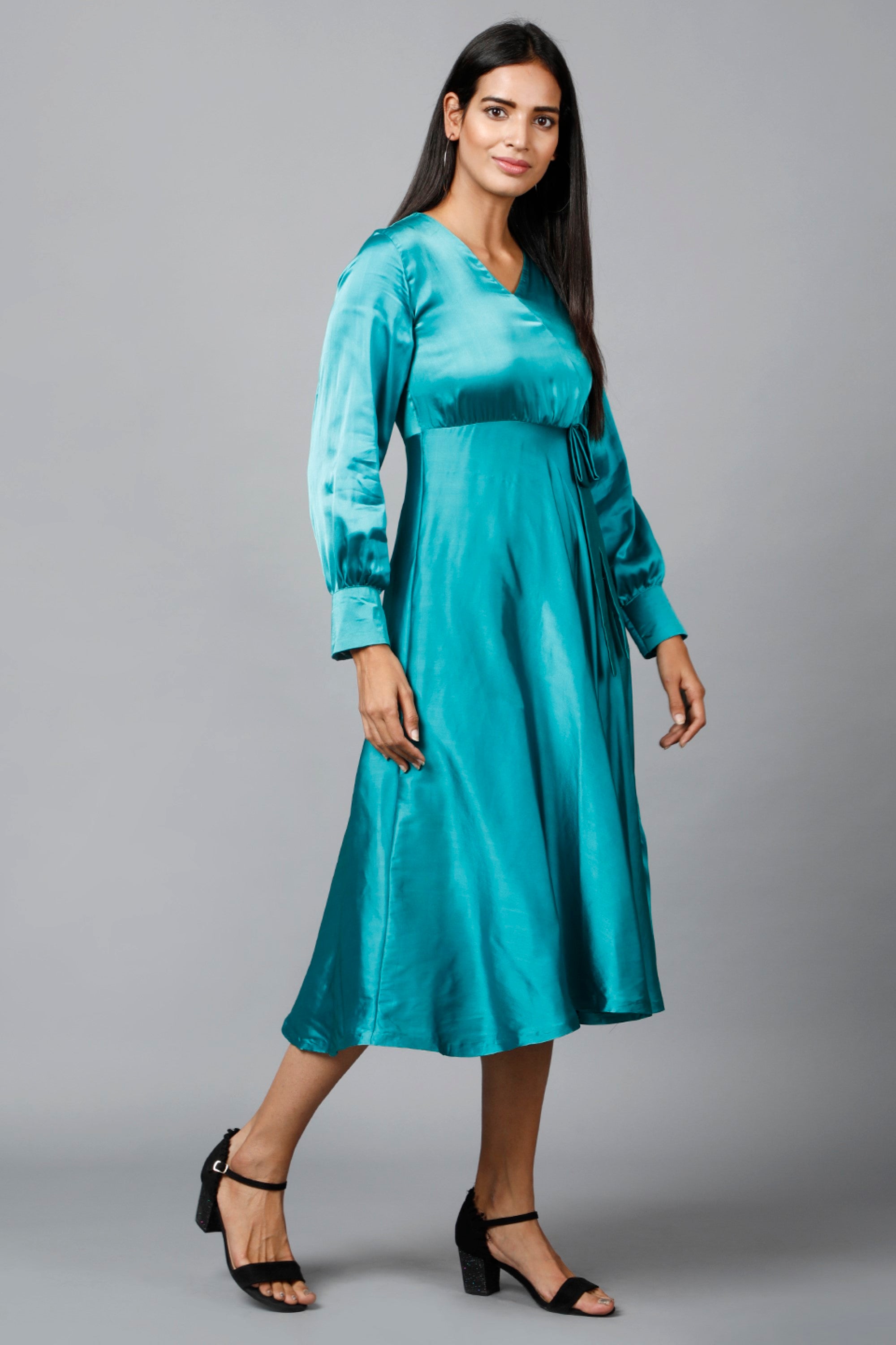 Women's Empire Line With Cuff Satin Wrap Dress Green  - MIRACOLOS by Ruchi