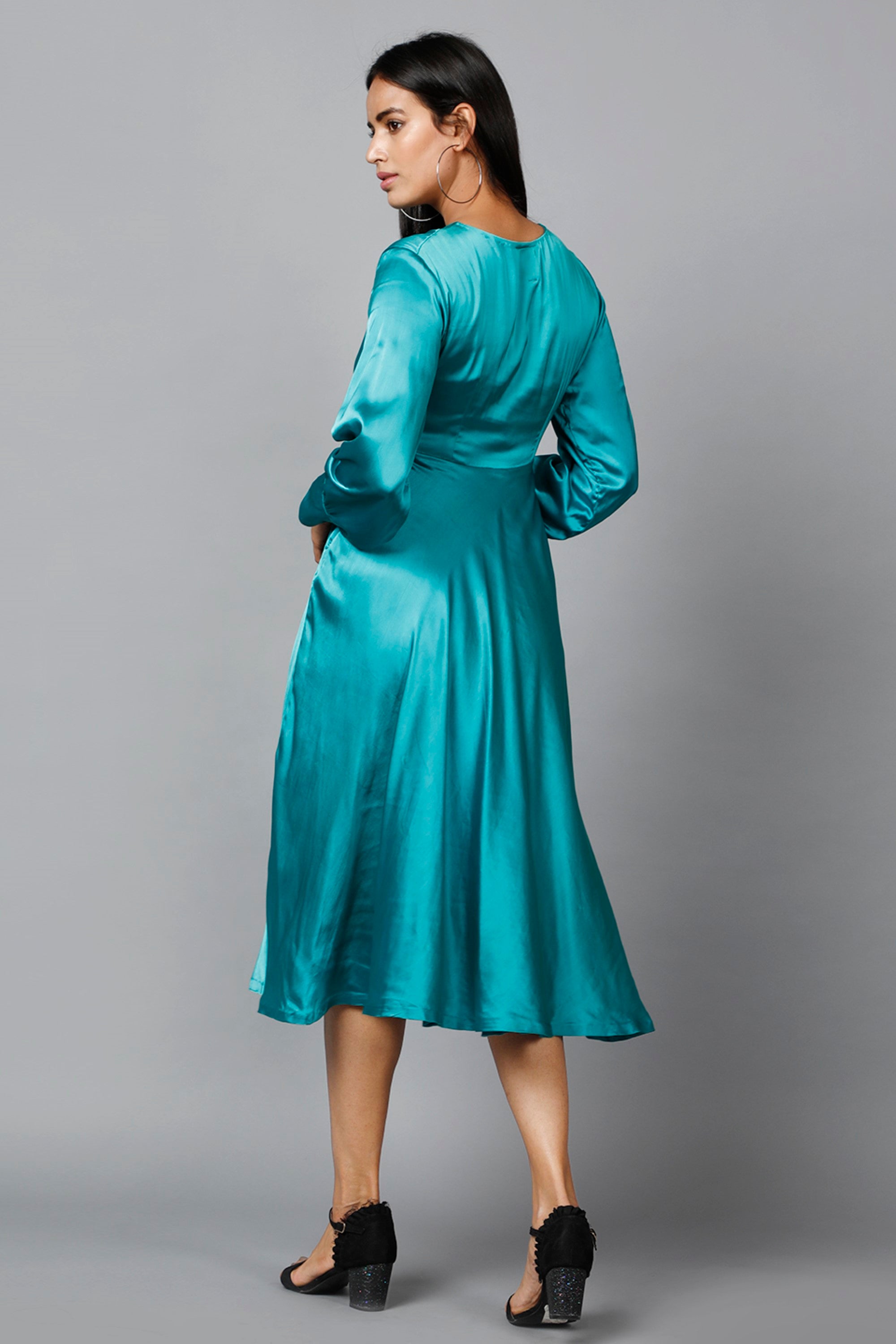 Women's Empire Line With Cuff Satin Wrap Dress Green M | Trendia Global Women's Empire Line With Cuff Satin Wrap Dress Green M | Trendia Global