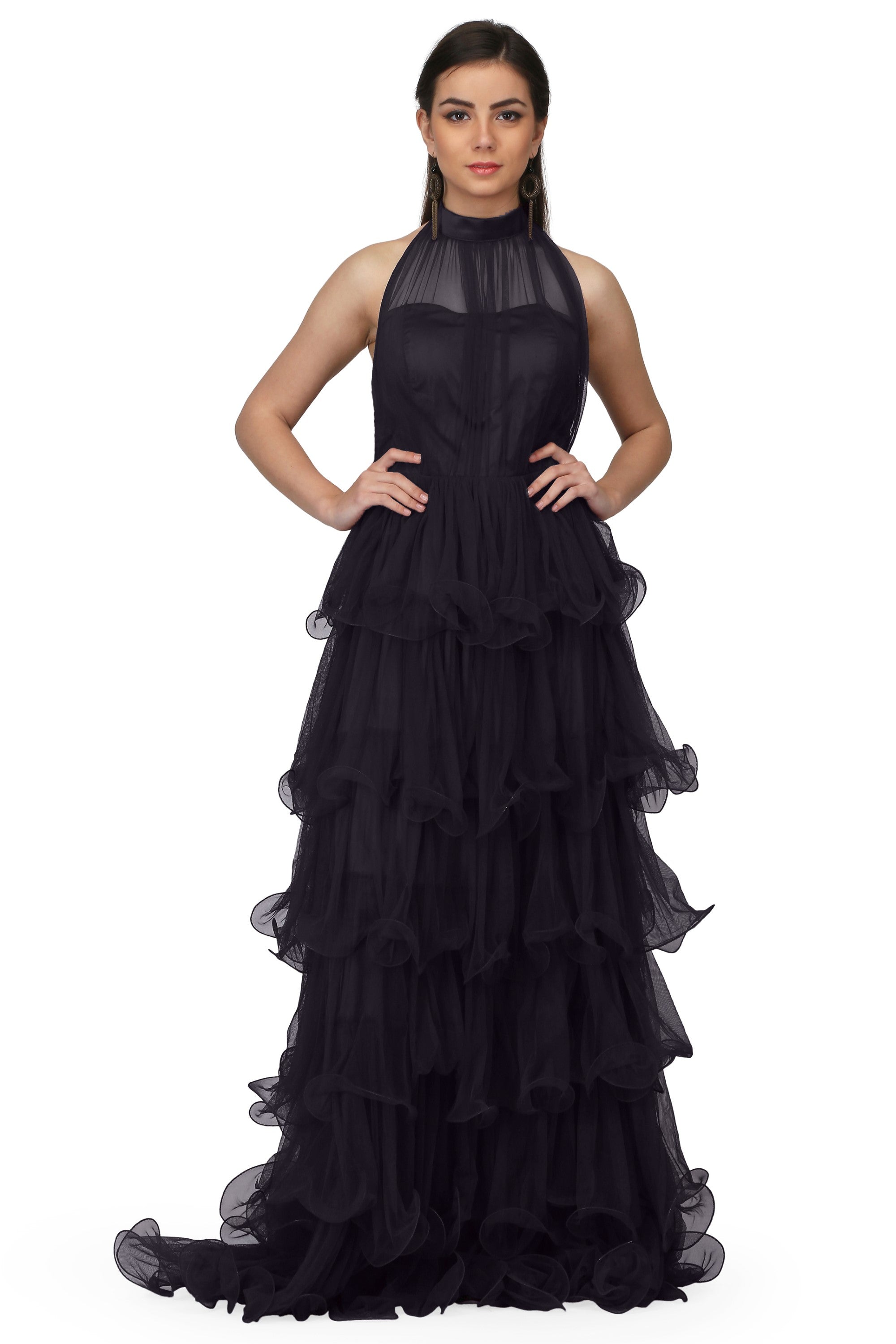 Women's Halter Neck Drape Net  Corset Gown In Black