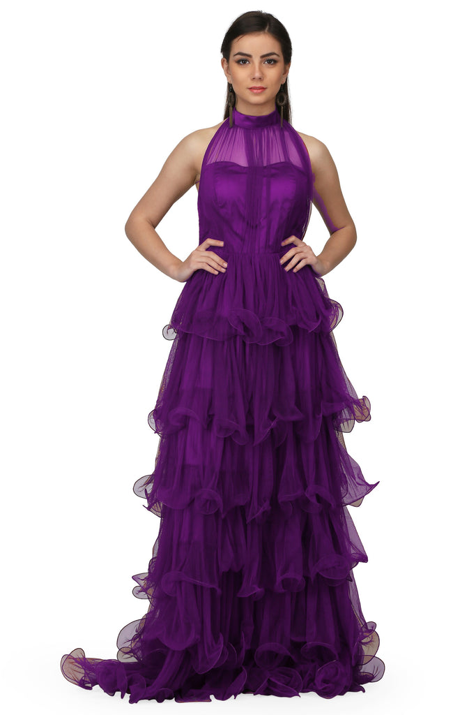 Women's Halter Neck Drape Net  Corset Gown In Purple
