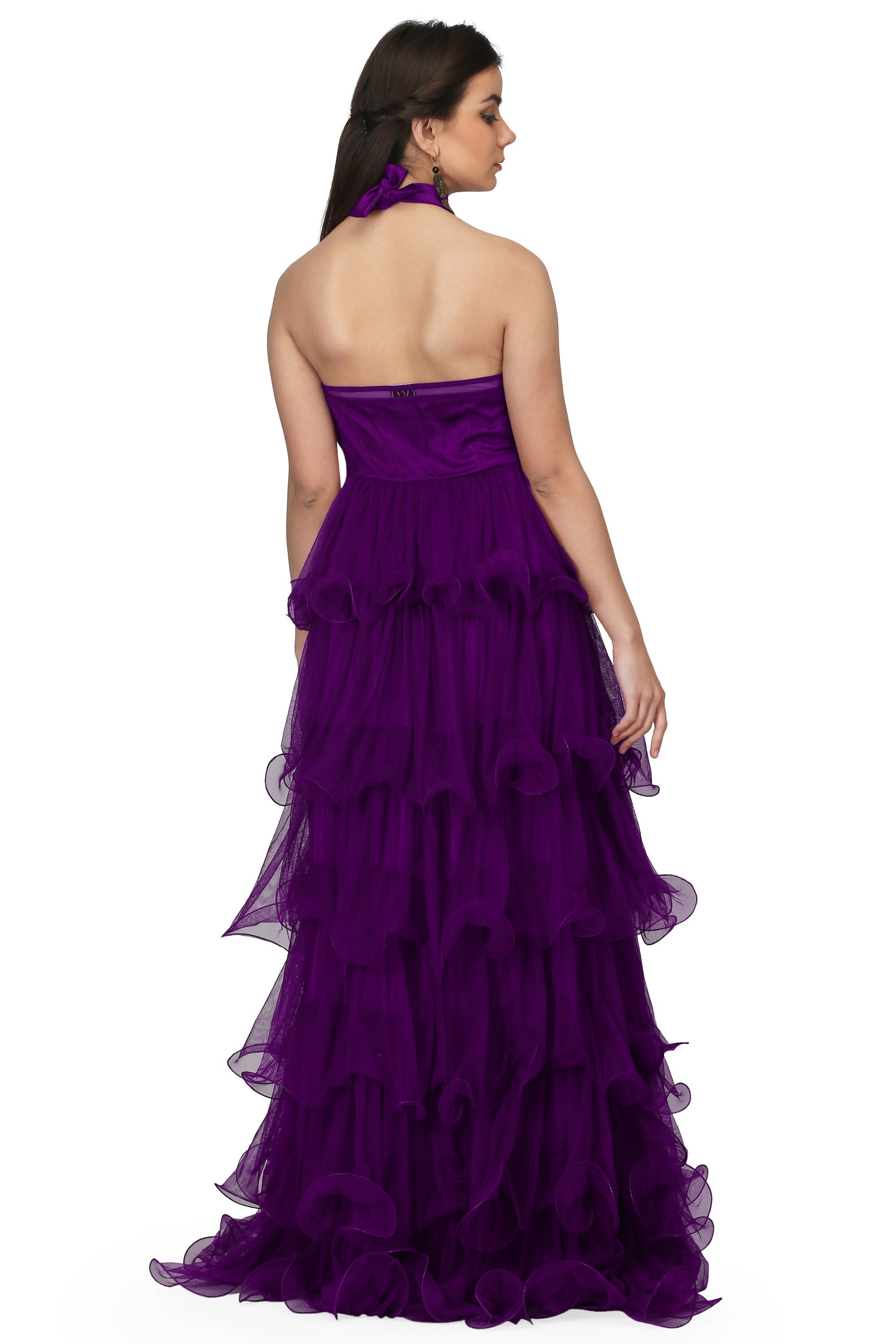 Women's Halter Neck Drape Net  Corset Gown In Purple - MIRACOLOS by Ruchi