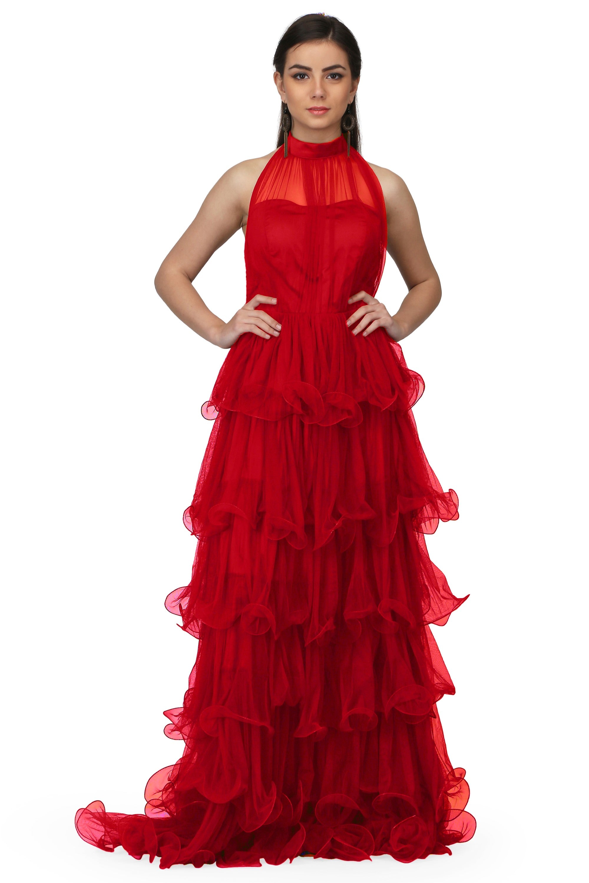Women's Halter Neck Drape Net  Corset Gown In Red - MIRACOLOS by Ruchi