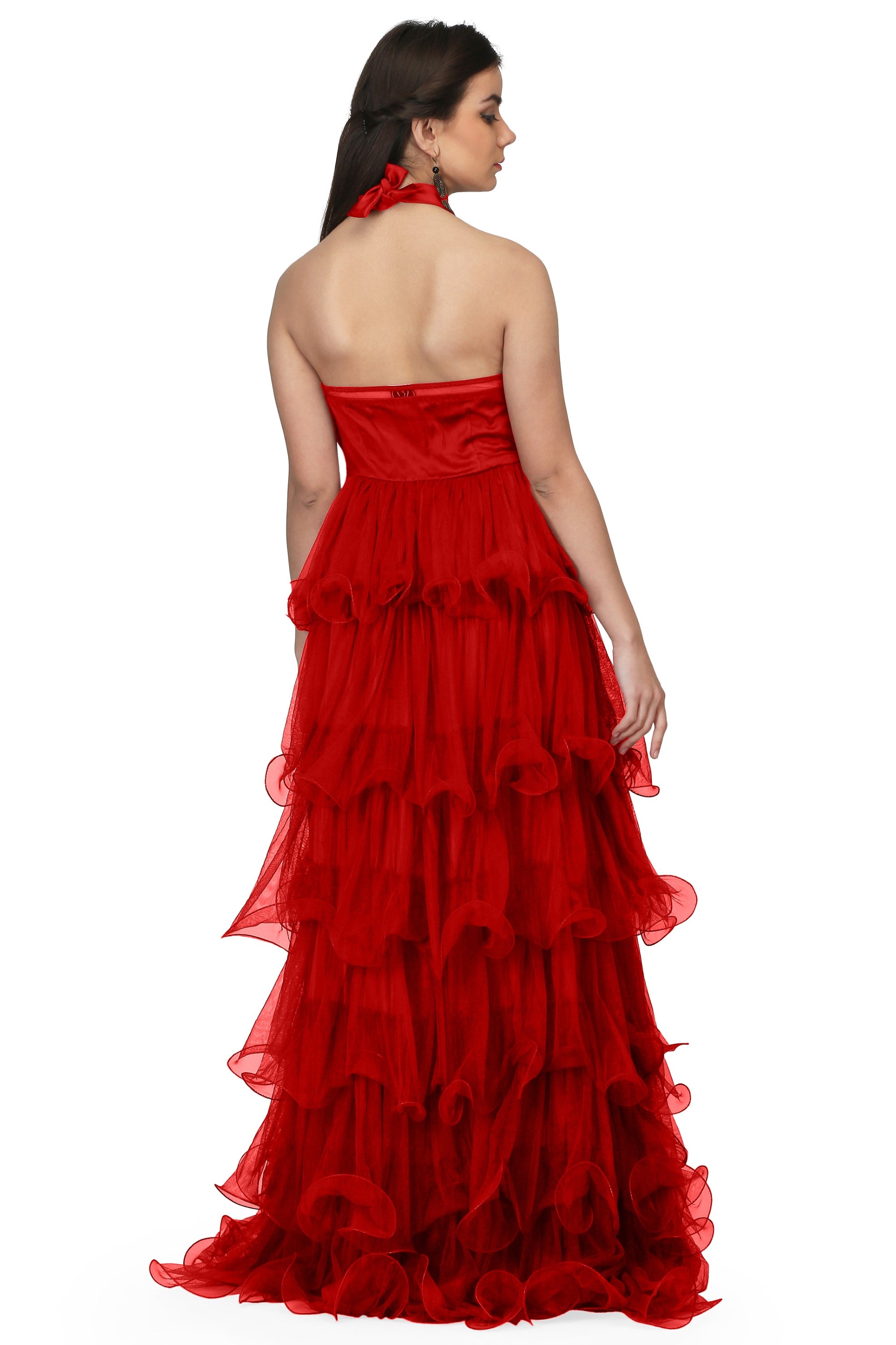 Women's Halter Neck Drape Net  Corset Gown In Red - MIRACOLOS by Ruchi