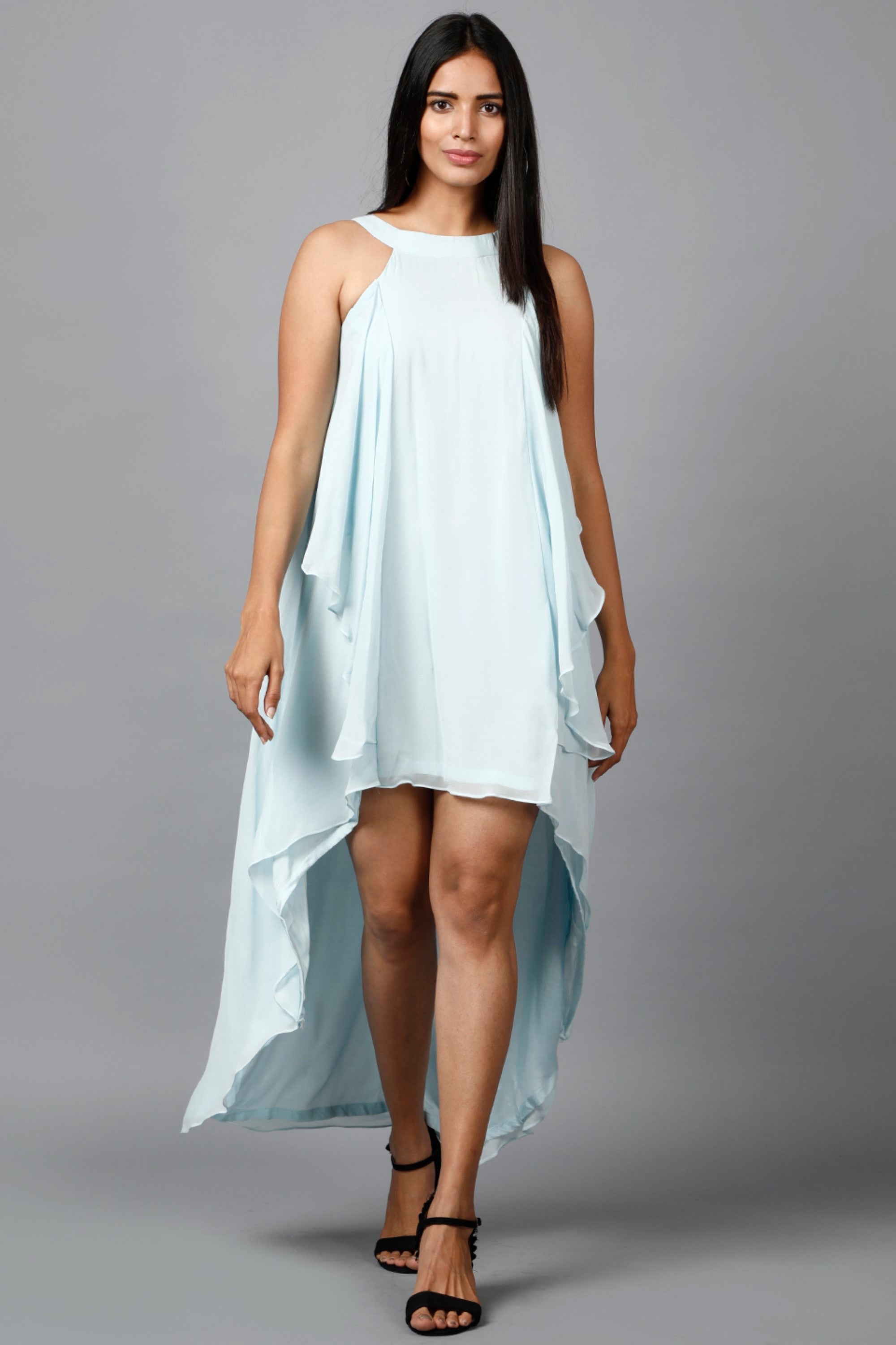 Women's Halter Neck Ruffle Drape Georgette  Dress In Light Blue