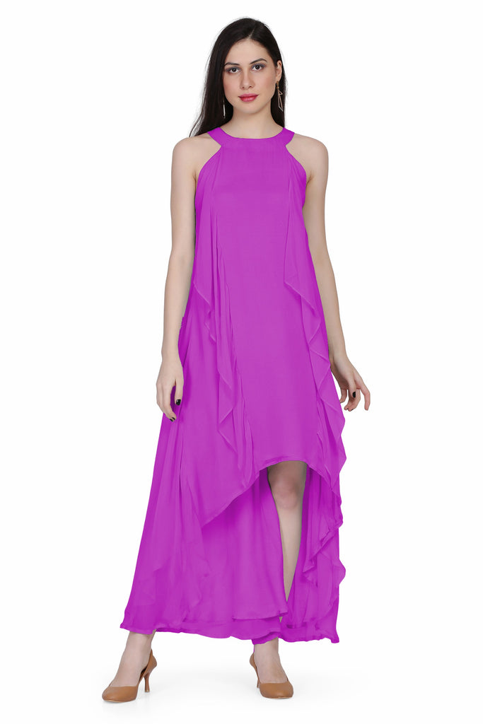 Women's Halter Neck Ruffle Drape Georgette  Dress In Mauve