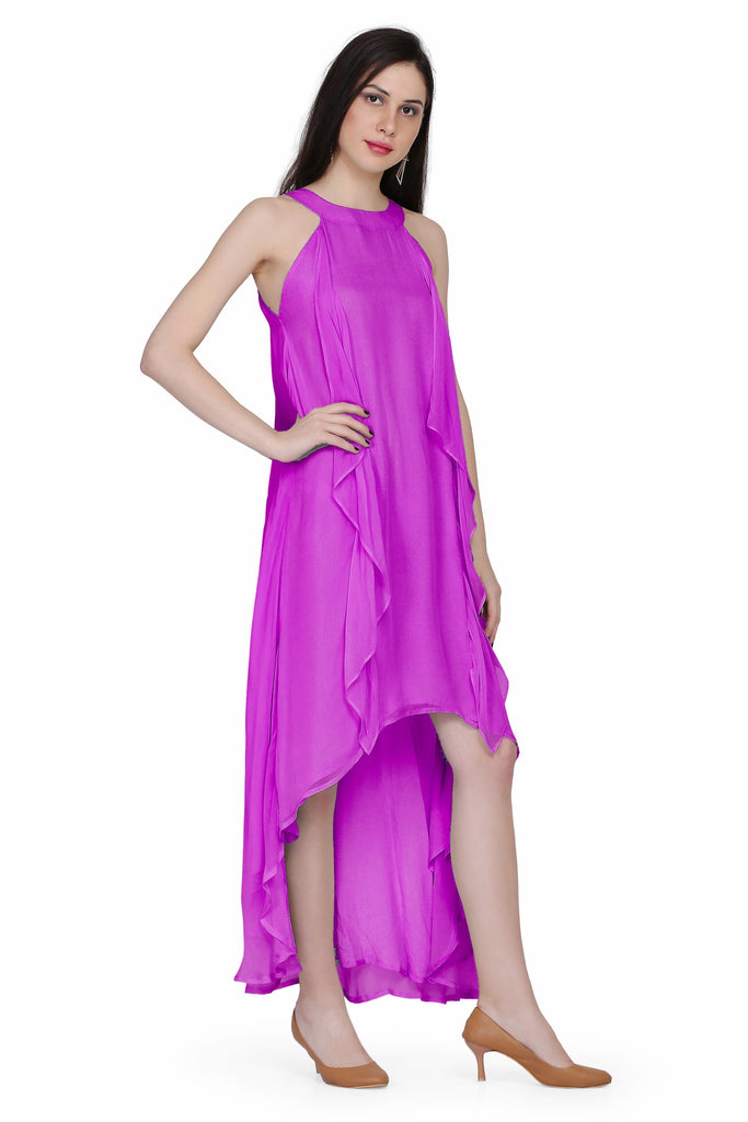 Women's Halter Neck Ruffle Drape Georgette  Dress In Mauve