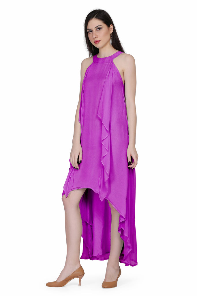 Women's Halter Neck Ruffle Drape Georgette  Dress In Mauve