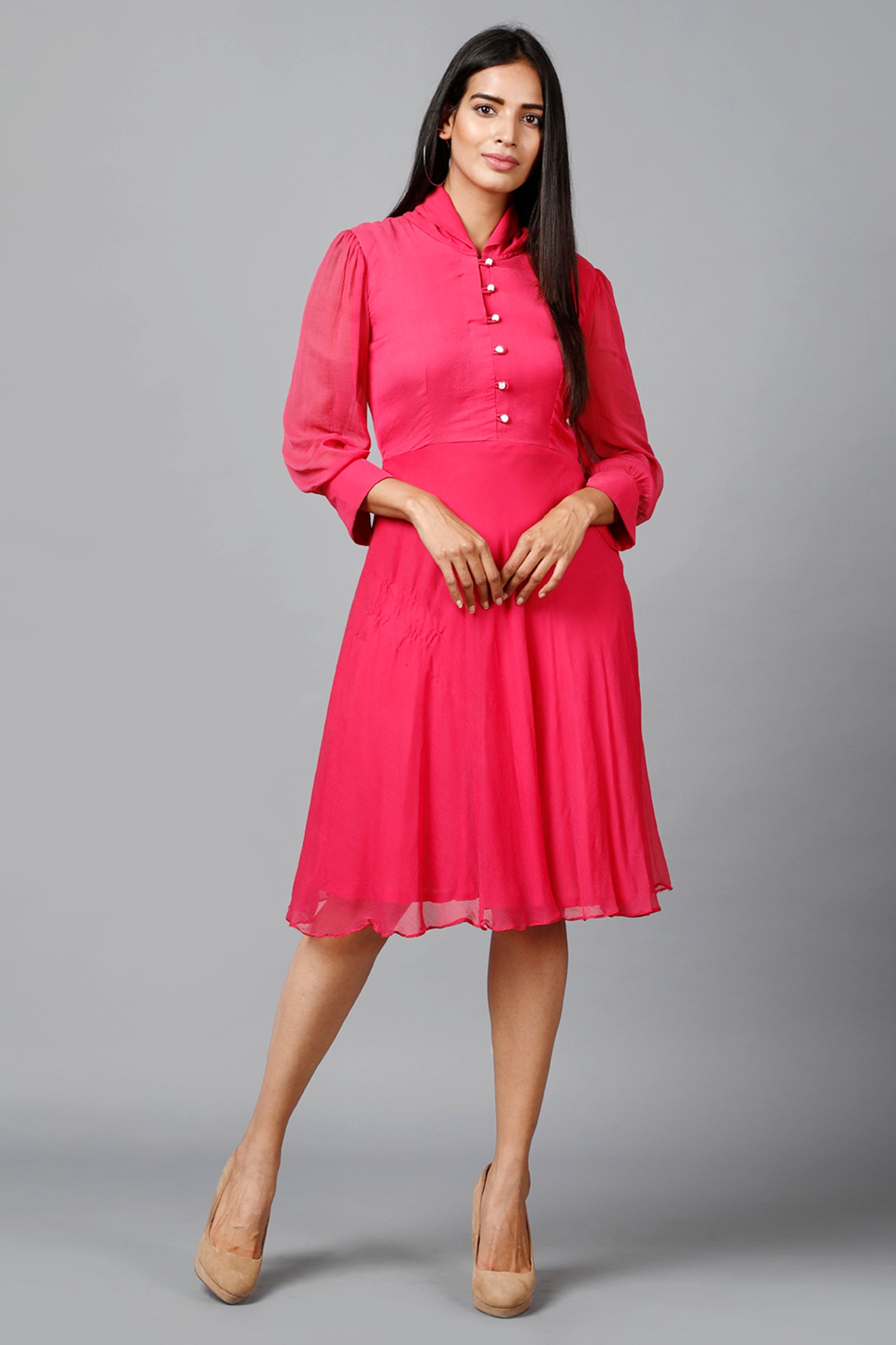 Women's Pink Chiiffon Casual Midi Dress - MIRACOLOS by Ruchi