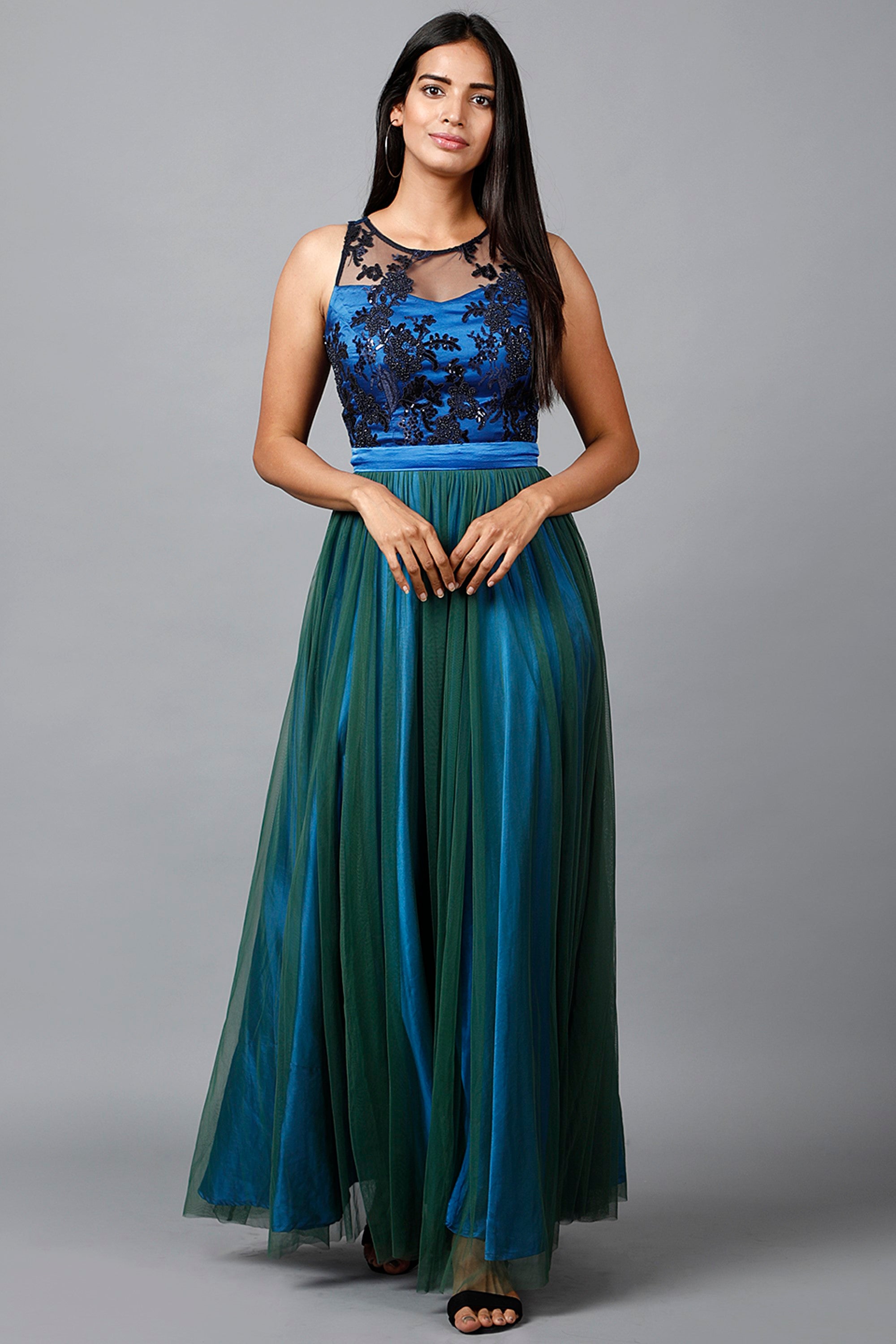 Women's Blue Green Net Gown, XS