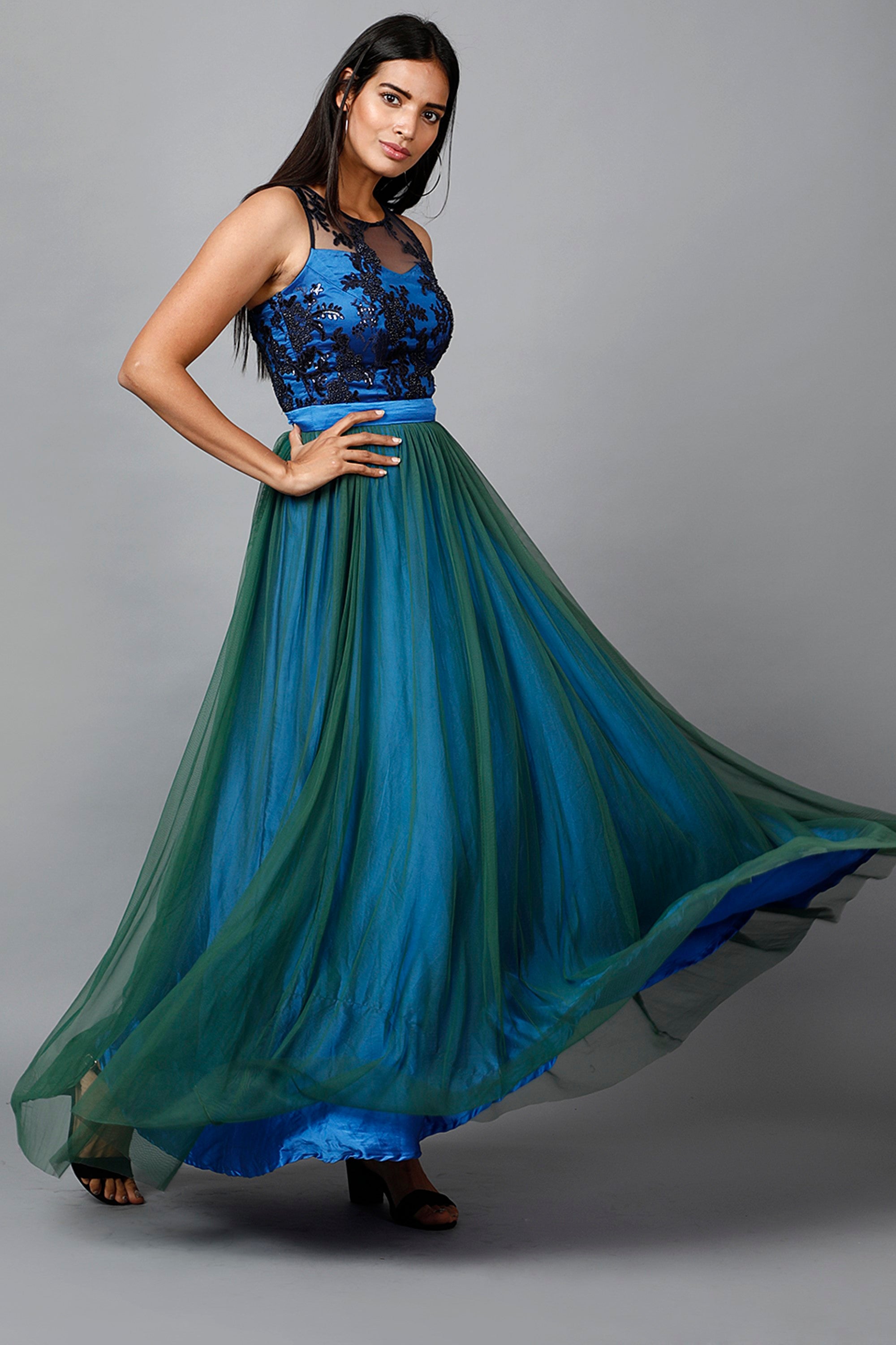Women's Blue Green Net Gown  - MIRACOLOS by Ruchi
