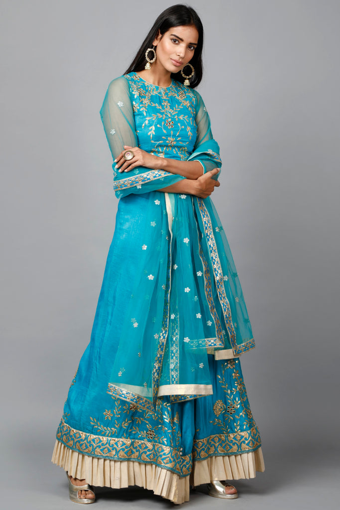 Women's Turquose Blue Gota Patti Lehenga, Choli And Dupatta Set