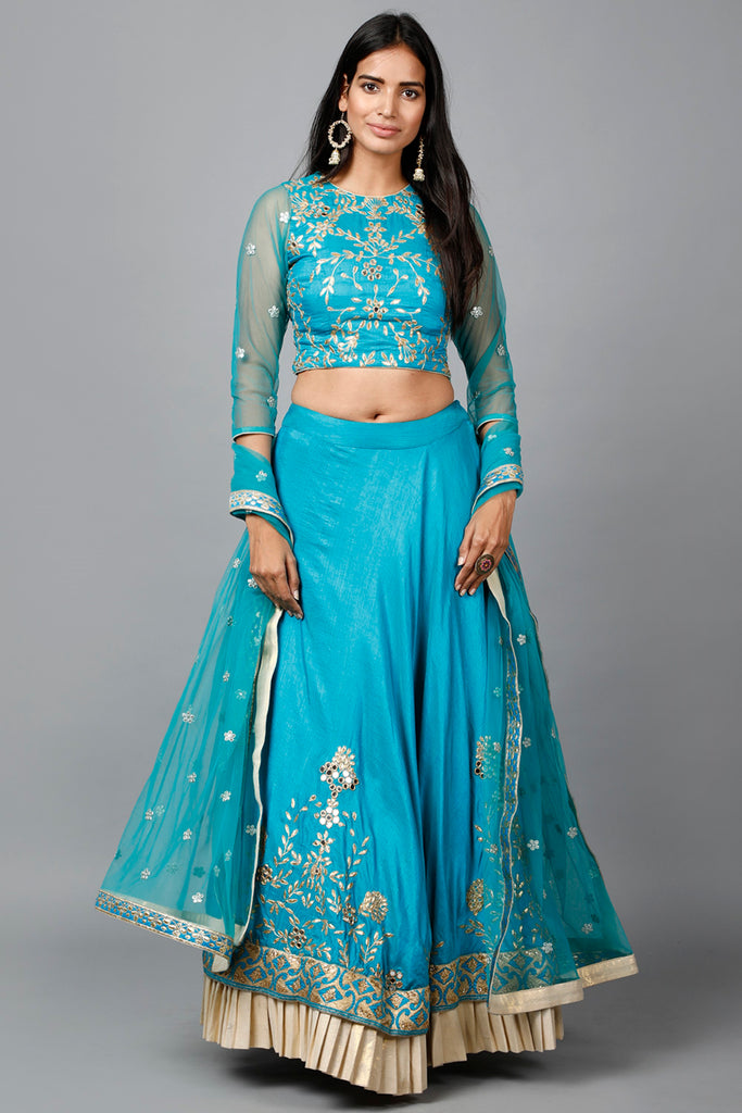 Women's Turquose Blue Gota Patti Lehenga, Choli And Dupatta Set