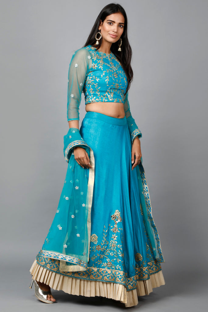 Women's Turquose Blue Gota Patti Lehenga, Choli And Dupatta Set