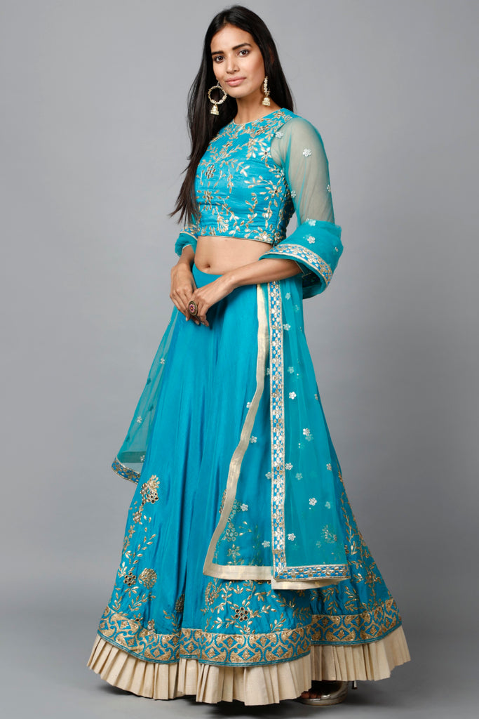 Women's Turquose Blue Gota Patti Lehenga, Choli And Dupatta Set
