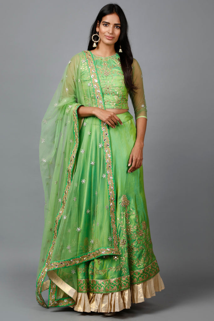 Women's Parrot Green Gota Patti Lehenga, Choli And Dupatta Set