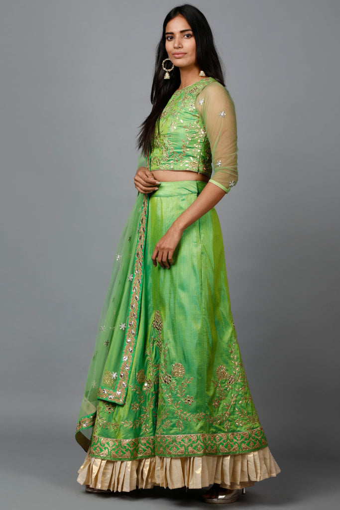 Women's Parrot Green Gota Patti Lehenga, Choli And Dupatta Set