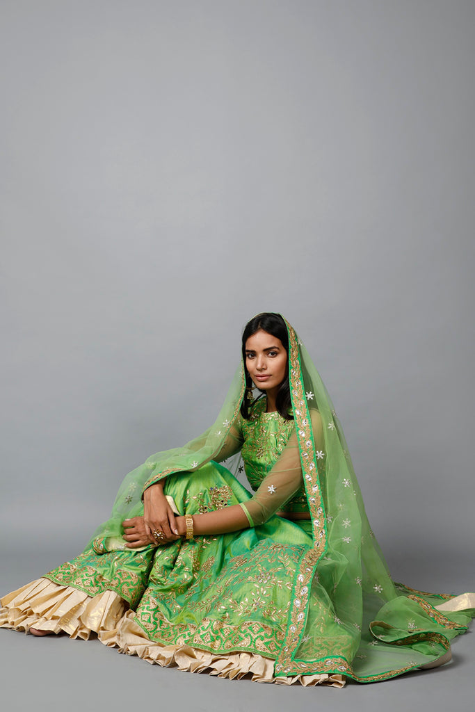 Women's Parrot Green Gota Patti Lehenga, Choli And Dupatta Set