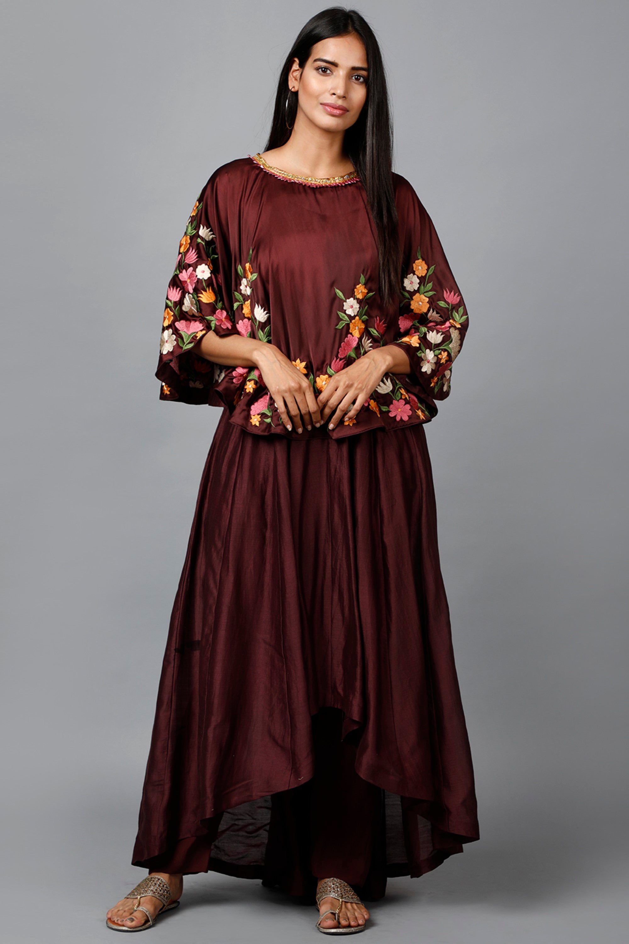 Women's Maroon Floral Cape Suit And Pant