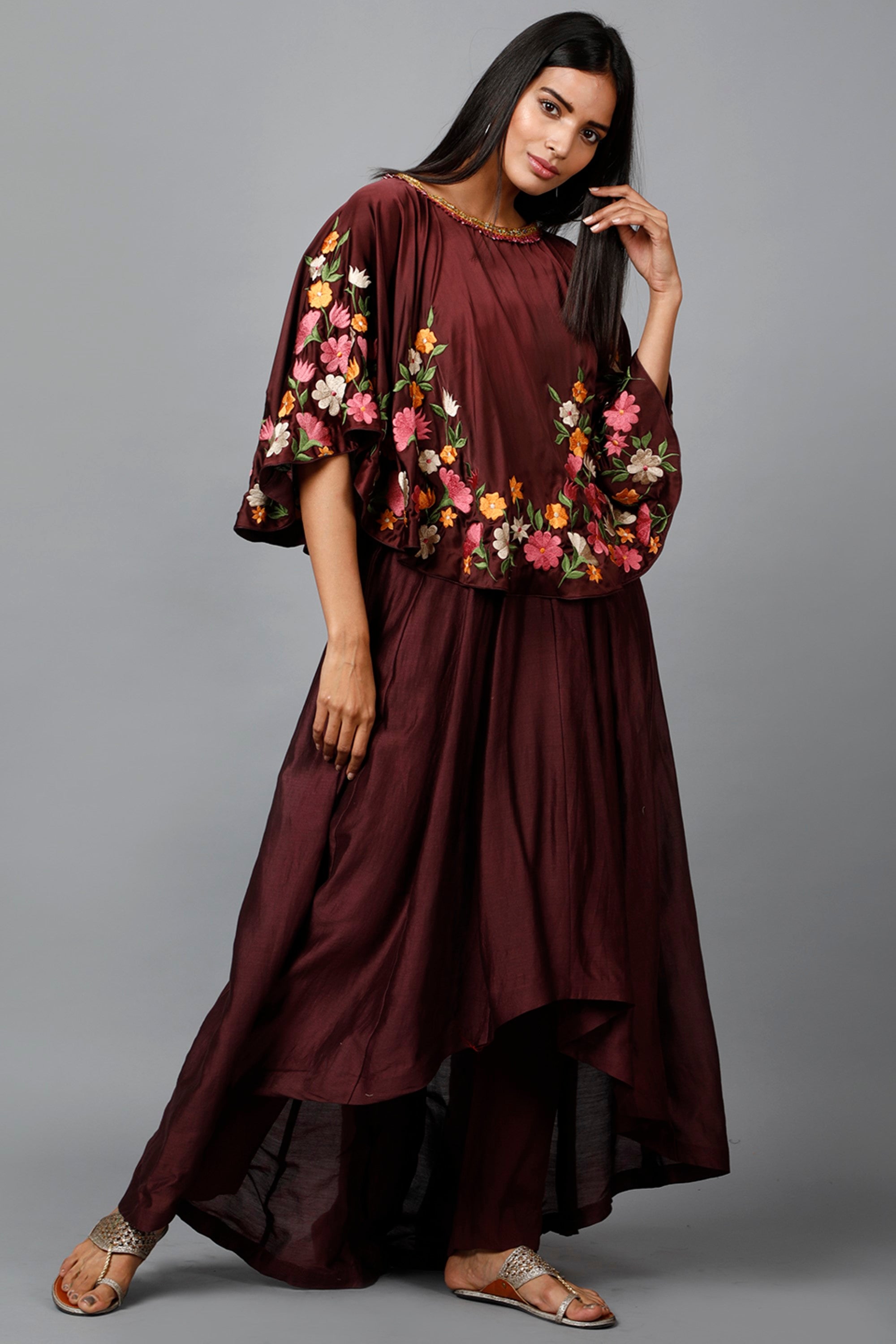 Women's Maroon Floral Cape Suit And Pant