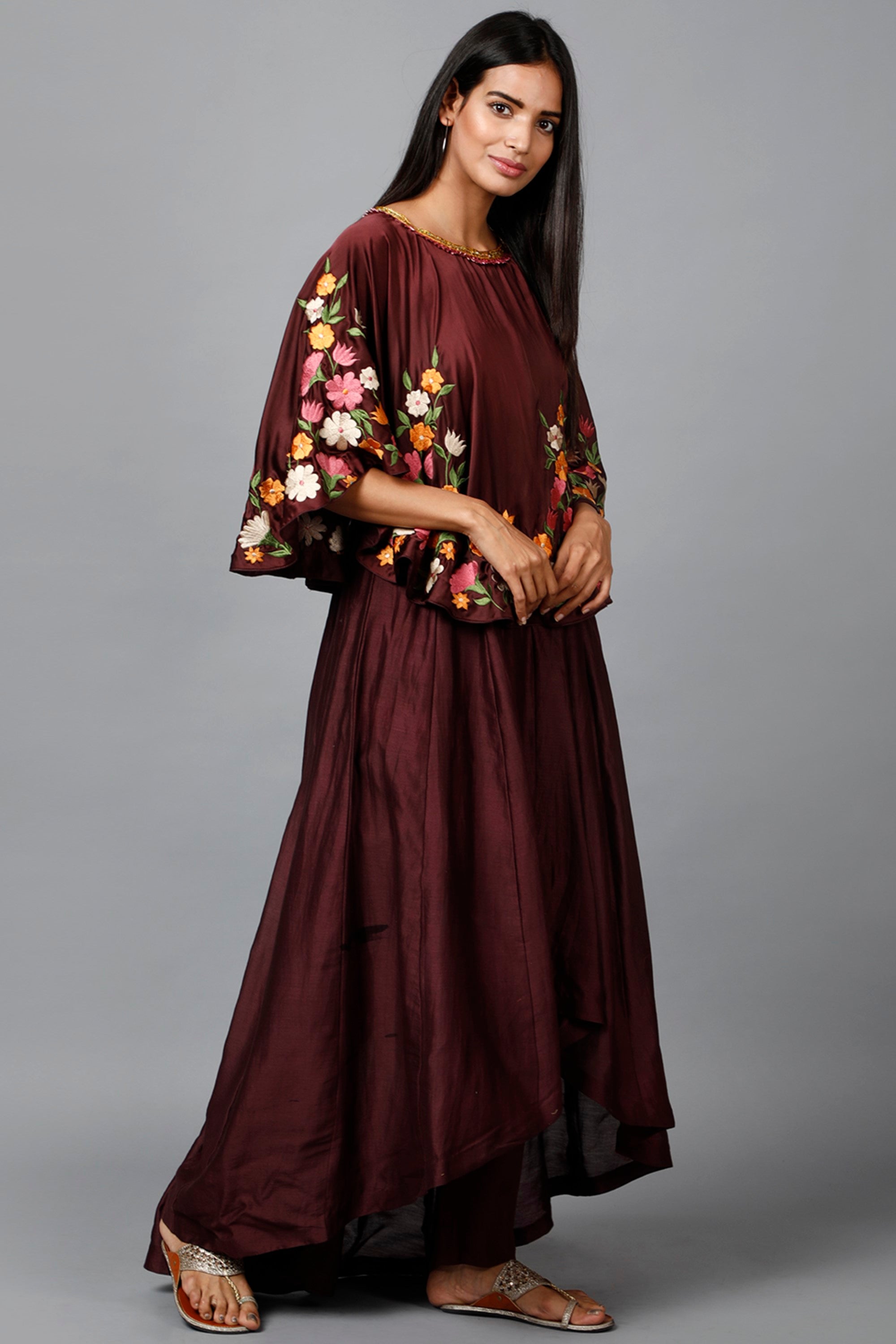 Women's Maroon Floral Cape Suit And Pant - MIRACOLOS by Ruchi