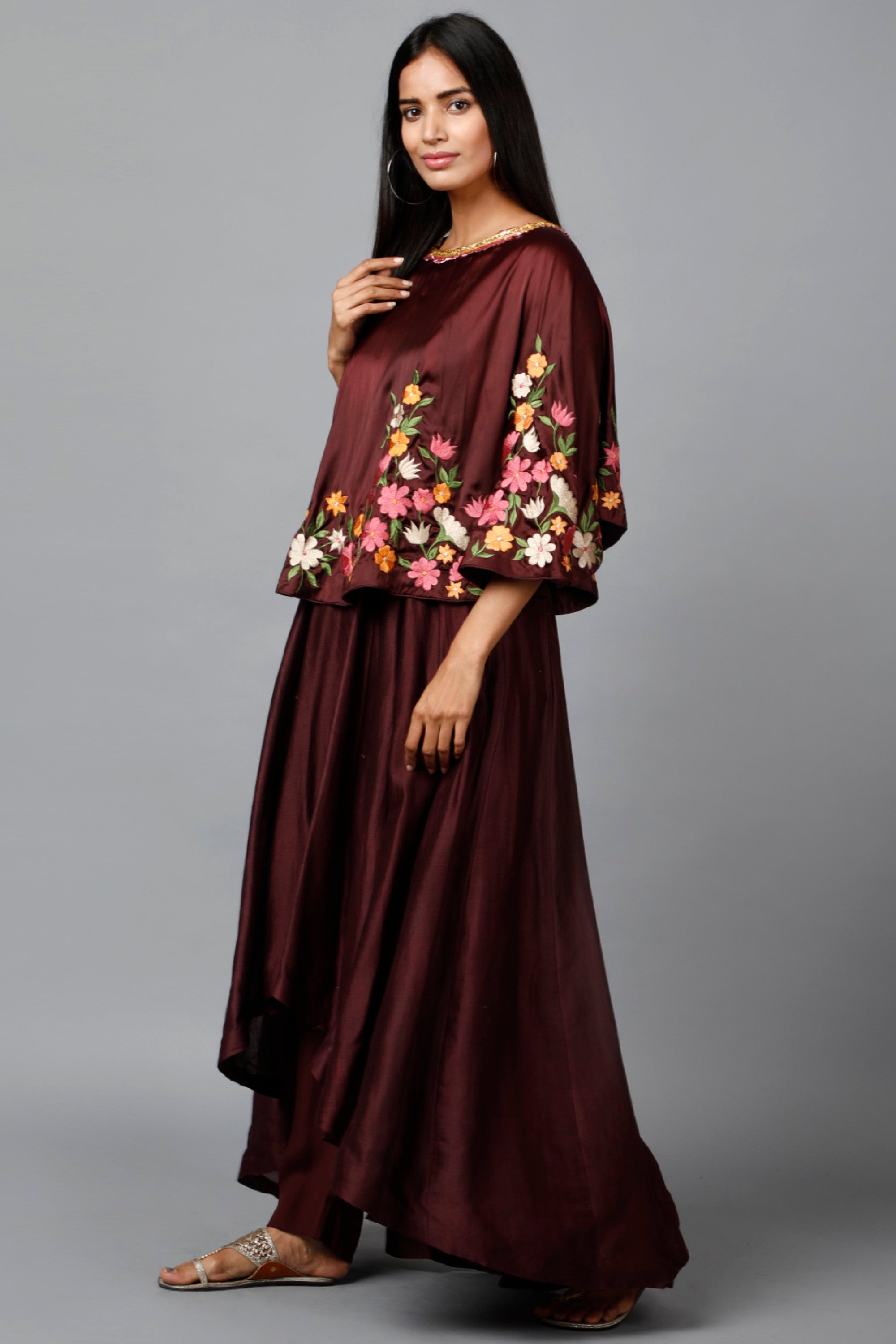 Women's Maroon Floral Cape Suit And Pant - MIRACOLOS by Ruchi