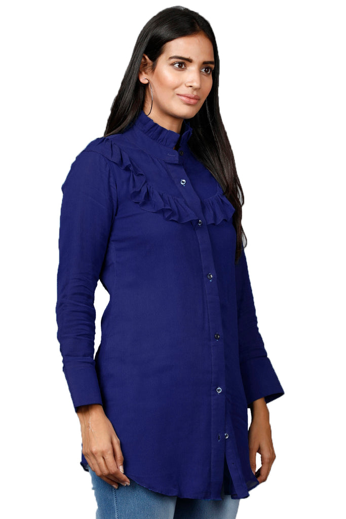Women's Dark Blue Shirt With Ruffle Yoke And Cuff