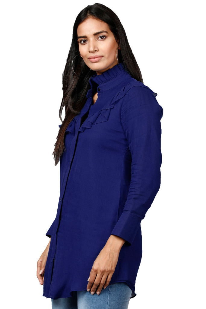 Women's Dark Blue Shirt With Ruffle Yoke And Cuff