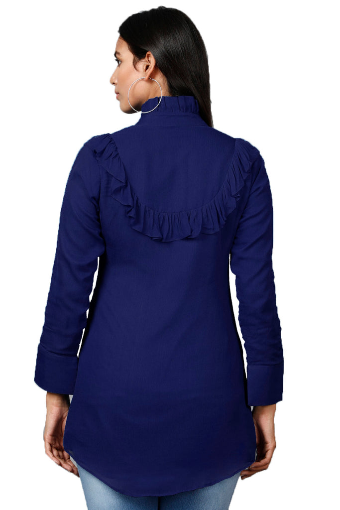 Women's Dark Blue Shirt With Ruffle Yoke And Cuff