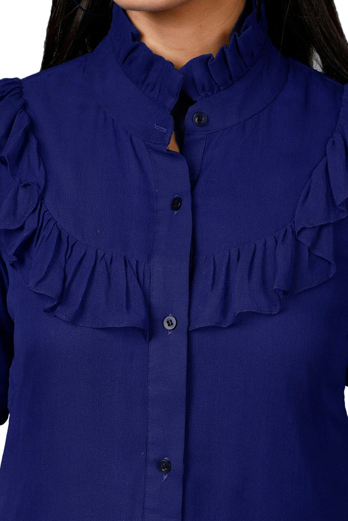 Women's Dark Blue Shirt With Ruffle Yoke And Cuff