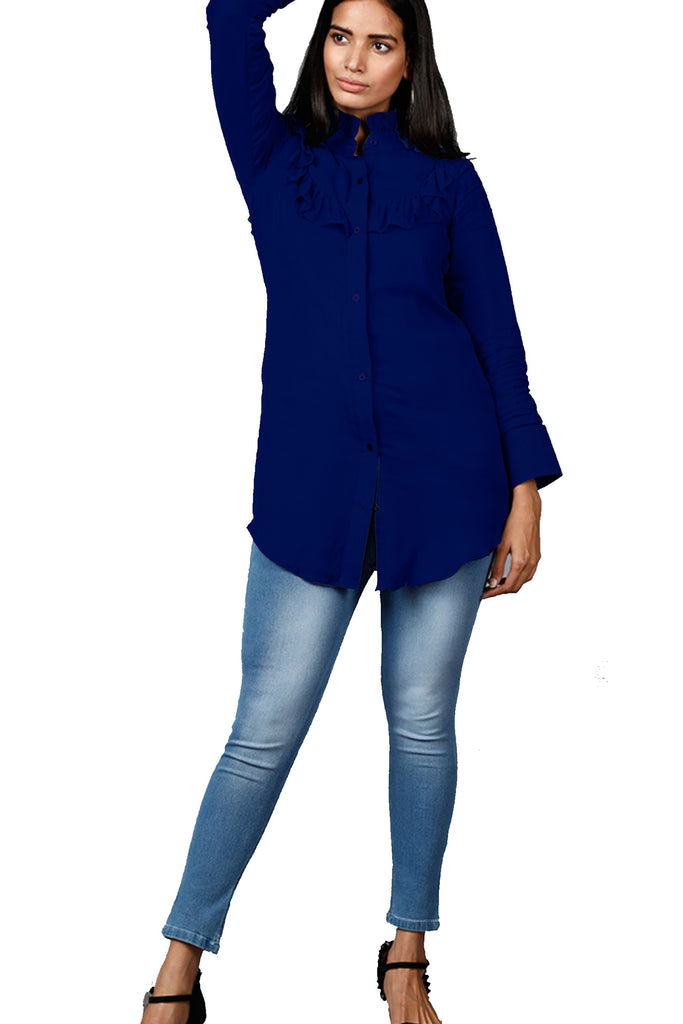 Women's Dark Blue Shirt With Ruffle Yoke And Cuff
