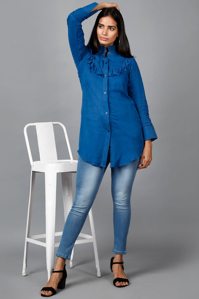 Women's Blue Shirt With Ruffle Yoke And Cuff