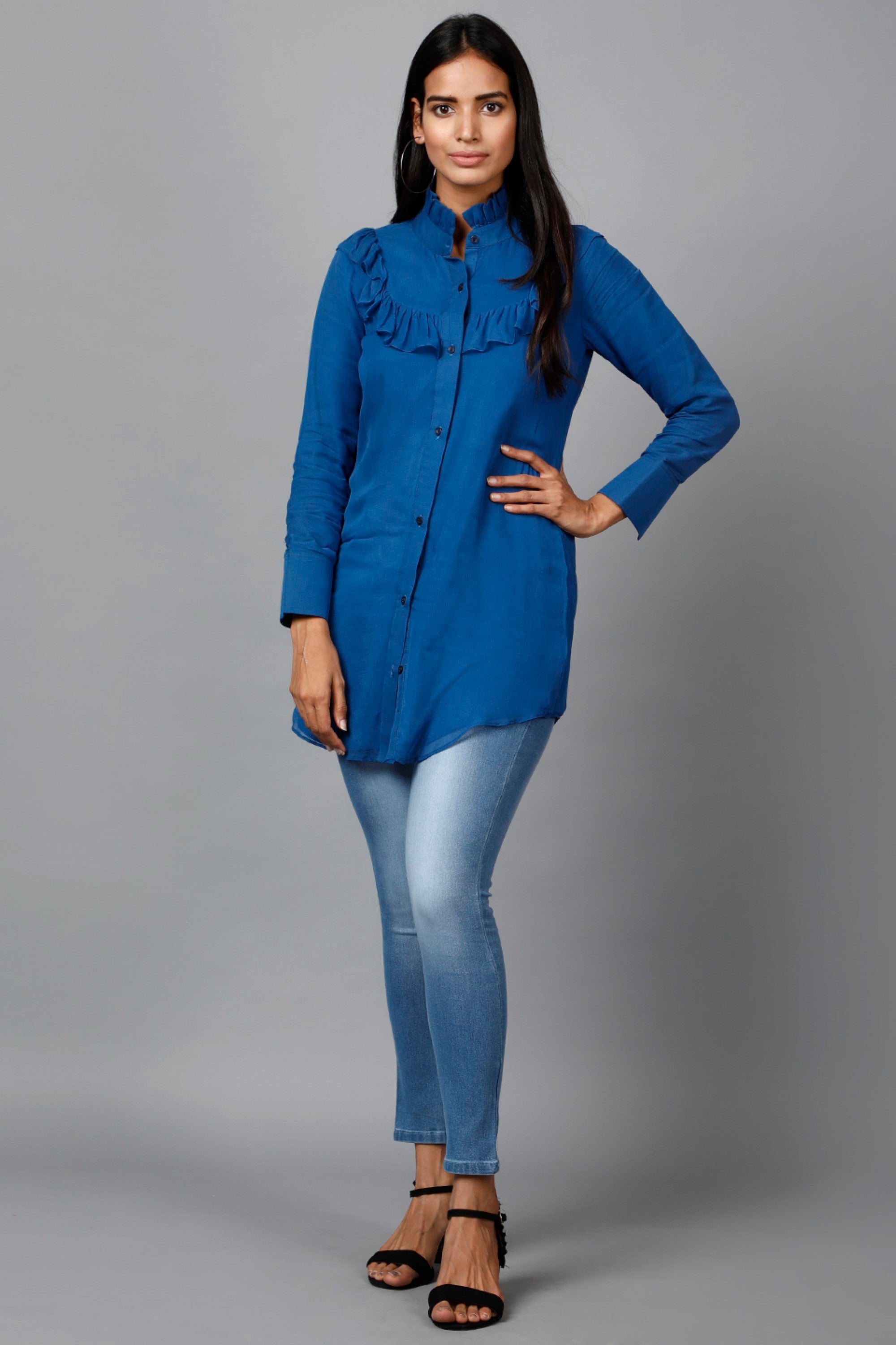 Women's Blue Shirt With Ruffle Yoke And Cuff