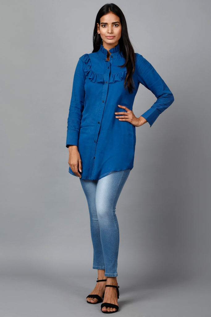 Women's Blue Shirt With Ruffle Yoke And Cuff